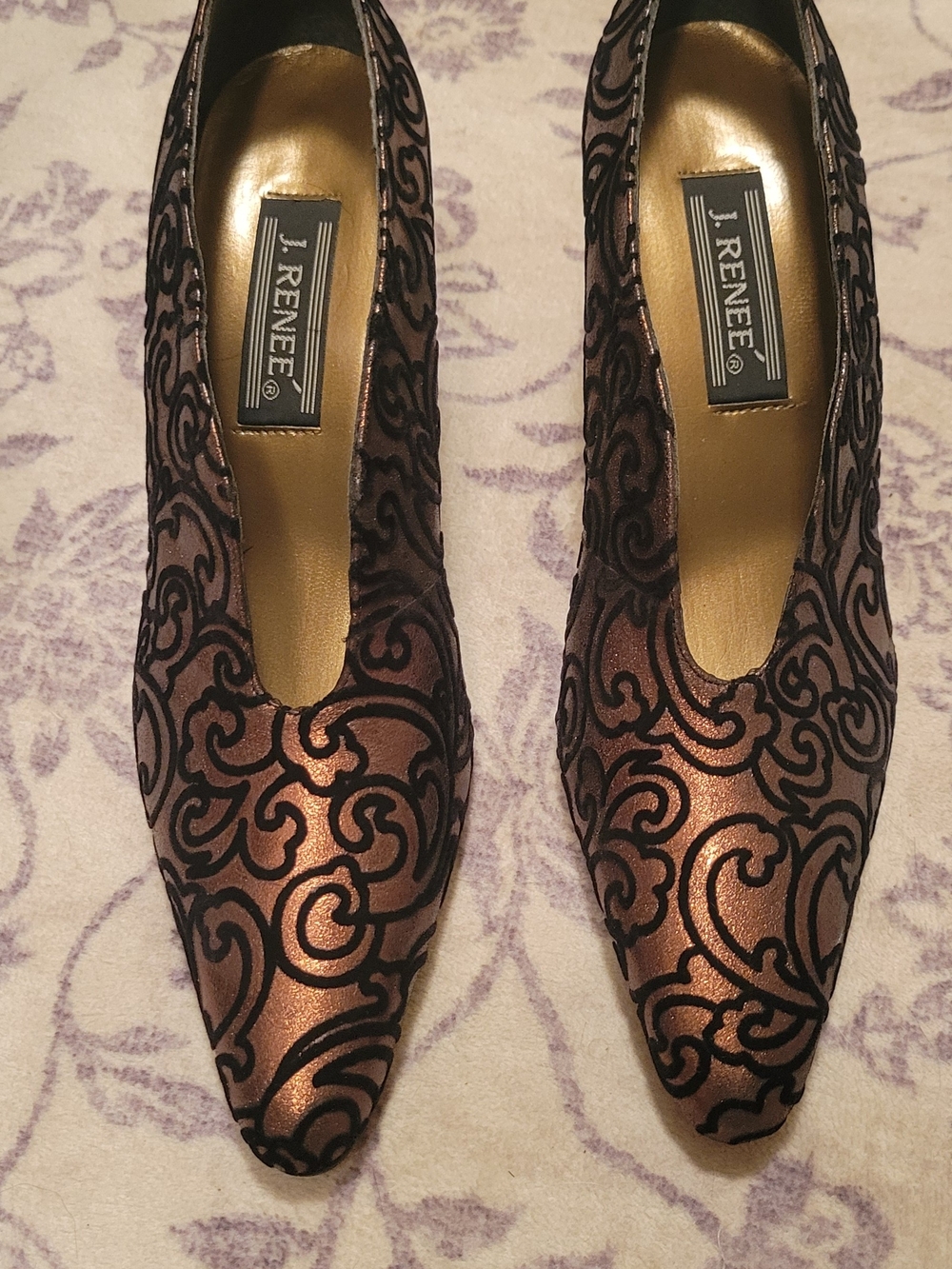 J.Renee Bronze Metallic Pumps with Black Scroll Overlay